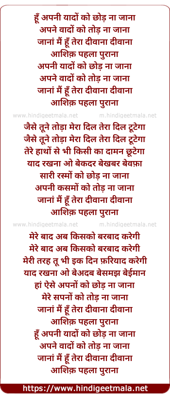 lyrics of song Apani Yaado Ko Chhod Naa Jaana