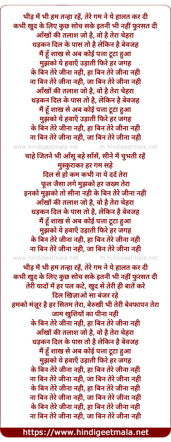 lyrics of song Bhid Me Bhi Ham Tanha Rahe (Ke Bin Tere Jina Nahi)