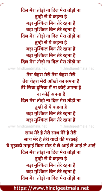 lyrics of song Dil Mera Todo Na
