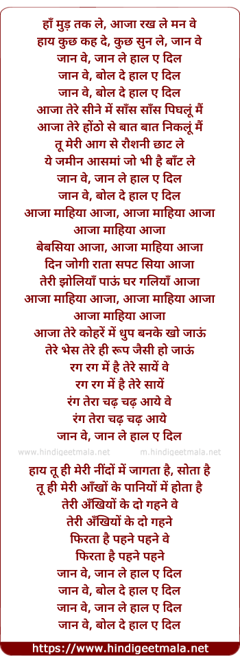 lyrics of song Jaan Ve, Jaan Le Haal E Dil