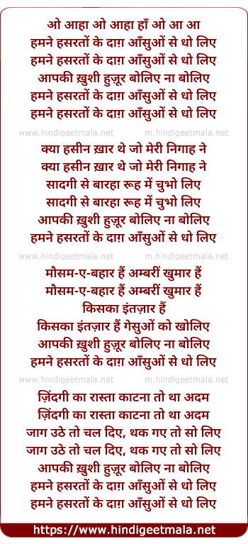 lyrics of song Hamne Hasrato Ke Dag Aansuo Se Dho Liye