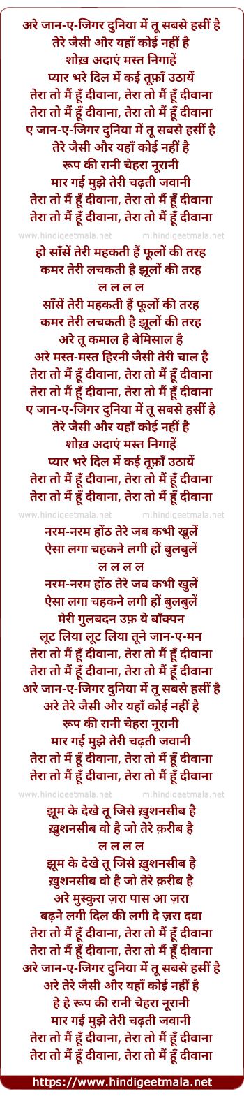 lyrics of song Jaane Jigar Duniya Me Too Sabse Hasin Hai