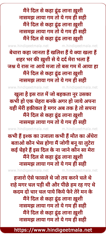 lyrics of song Maine Dil Se Kaha Dhund Lana Khushi