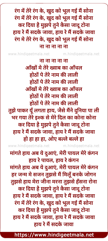 lyrics of song Rang Mein Tere Rang Ke, Khud Ko Bhul Gayee