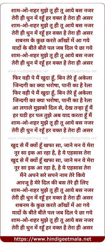 lyrics of song Shaam-O-Sheher Mujhe Tu Hi Tu Aaye Bas Nazar