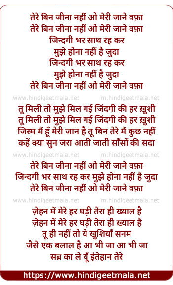 lyrics of song Tere Bin Jeena Nahi
