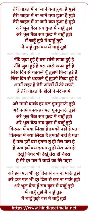 lyrics of song Teree Chahat Me Naa Jane