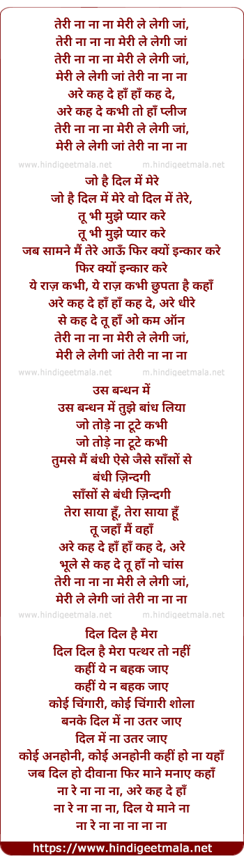 lyrics of song Teri Na Na Na Meri Le Legi Jan