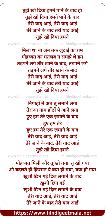 lyrics of song Tujhe Kho Diya Hamane Paane Ke Baad