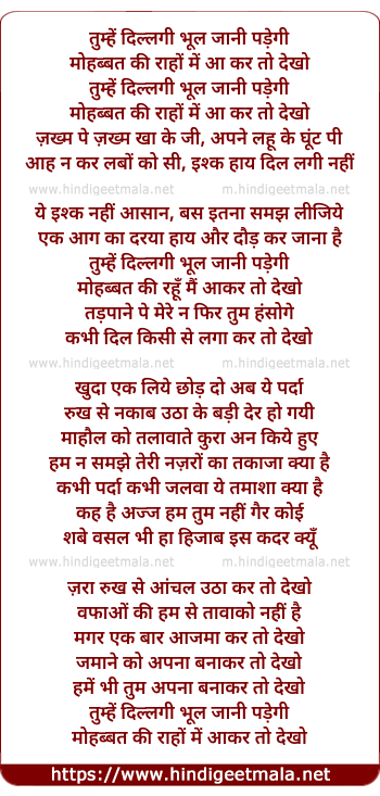 lyrics of song Tumhe Dillagee Bhul Jani Padegee