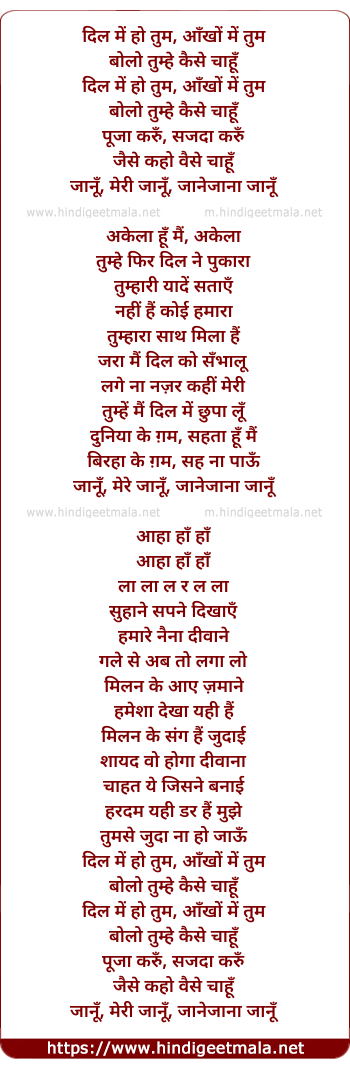 lyrics of song Dil Mein Ho Tum, Aankho Mein Tum (Duet)