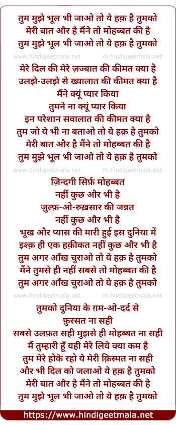 lyrics of song Tum Mujhe Bhul Bhi Jaao To Ye Haq Hai Tumako