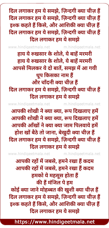 lyrics of song Dil Lagakar Ham Ye Samjhe, Zindagi Kya Chiz Hai (Female)
