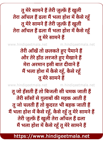 lyrics of song Tu Mere Saamane Hai Teri Zulfen Hain Khuli