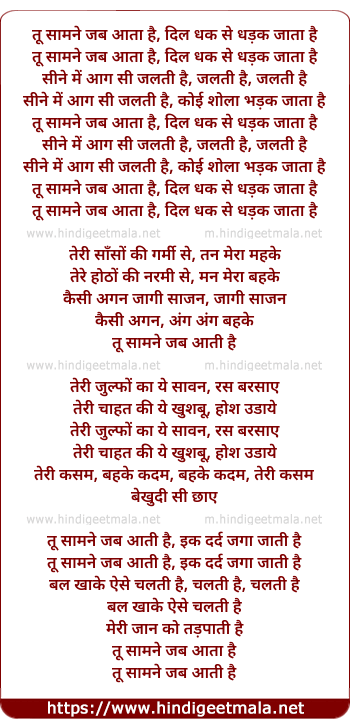 lyrics of song Tu Saamane Jab Aataa Hai, Dil Dhak Se Dhadak Jata Hai