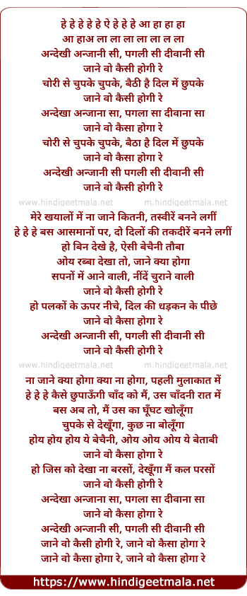 lyrics of song Anadekhi Anajaani Si, Jaane Vo Kaisi Hogi Re