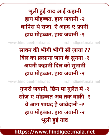 lyrics of song Bhuli Hui Yad Aai Kahani Haye Mohabbat Haye Jawani