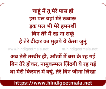 lyrics of song Chaahun Main Tu Mere Paas Ho