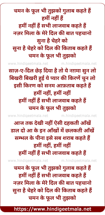 lyrics of song Chaman Ke Phul Bhi Tujhako Gulaab Kahate Hain