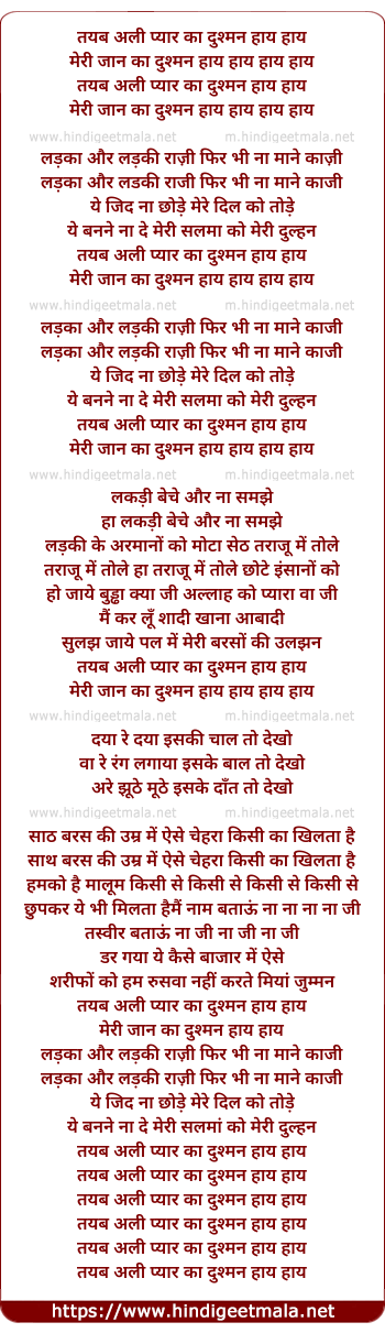 lyrics of song Tayyab Ali Pyaar Ka Dushaman Haye Haye