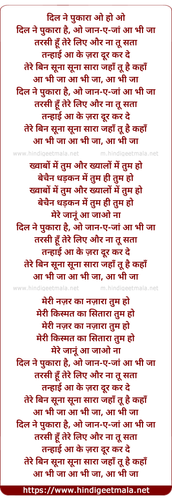 lyrics of song Dil Ne Pukara Hai O Jane Jana Aa Bhi Ja