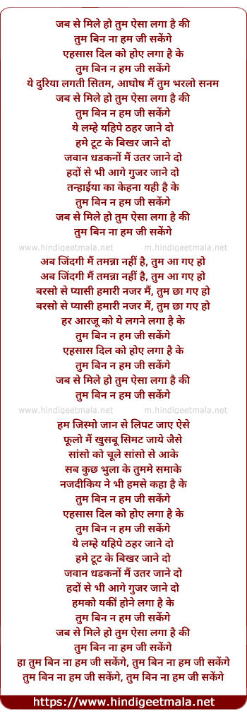 lyrics of song Tum Bin Na Hum Jee Sakenge