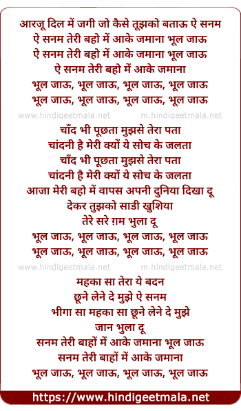lyrics of song Ae Sanam Teri Baaho Me Aake Zamana Bhul Jaun Me