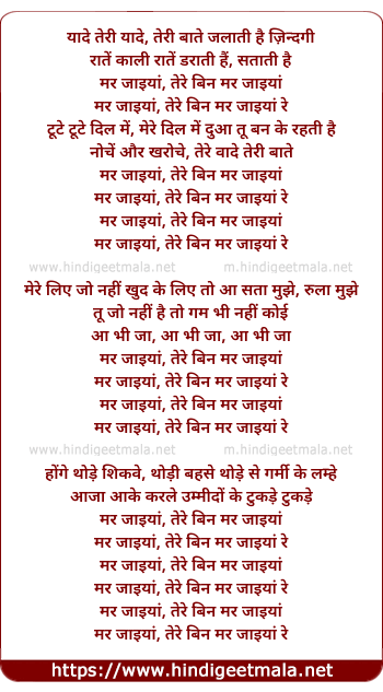 lyrics of song Mar Jaiyan, Tere Bin Mar Jaiyan Re (Sad)
