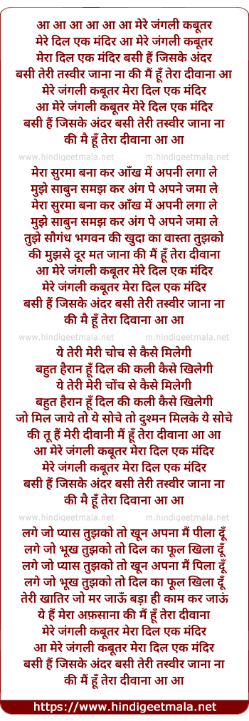 lyrics of song Aa Mere Jungli Kabootar Mera Dil Ek Mandar