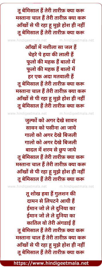 lyrics of song Tu Bemisal Hai Teri Taarif Kya Karu