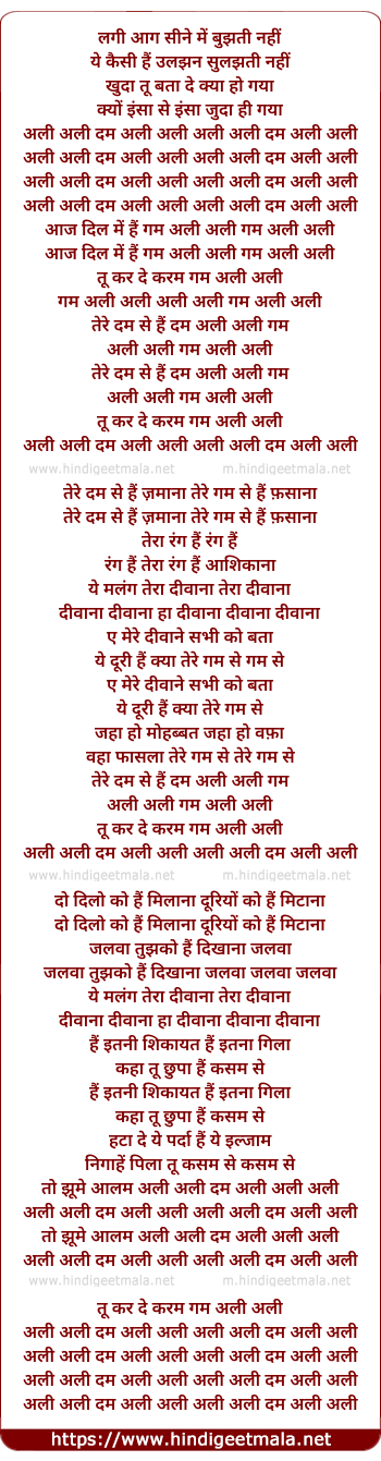 lyrics of song Ali Ali Dam Ali Ali, Tu Kar De Karam Gam Ali Ali