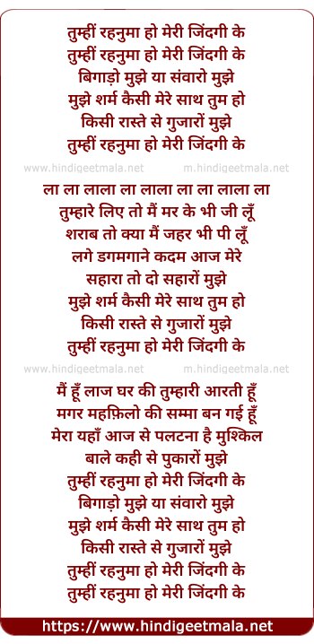 lyrics of song Tumhi Rehnuma Ho Meri Zindagi Ke