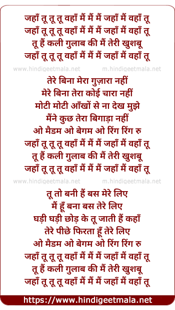 lyrics of song Jahan Tu Wahan Main Main