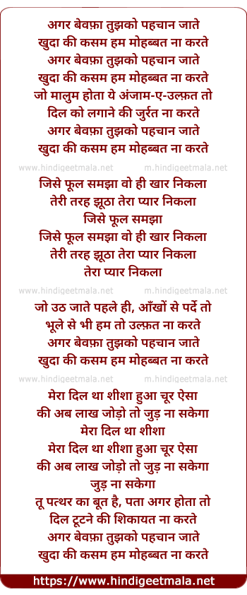 lyrics of song Agar Bewafa Tujhko Pahchan Jate (Female)