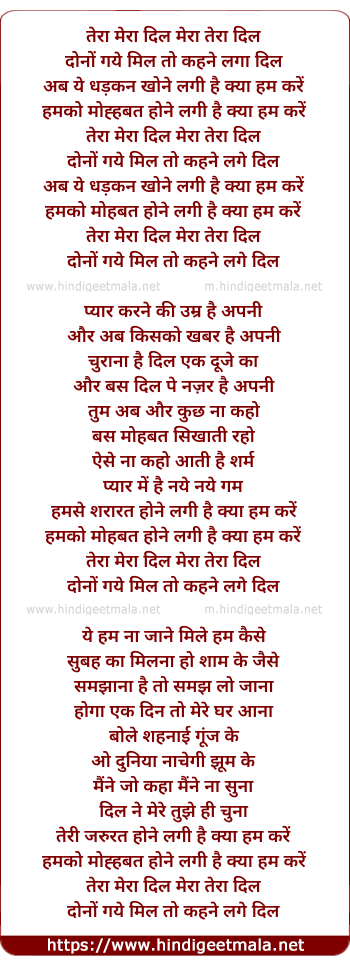 lyrics of song Tera Mera Dil Mera Tera Dil, Dono Gaye Mil