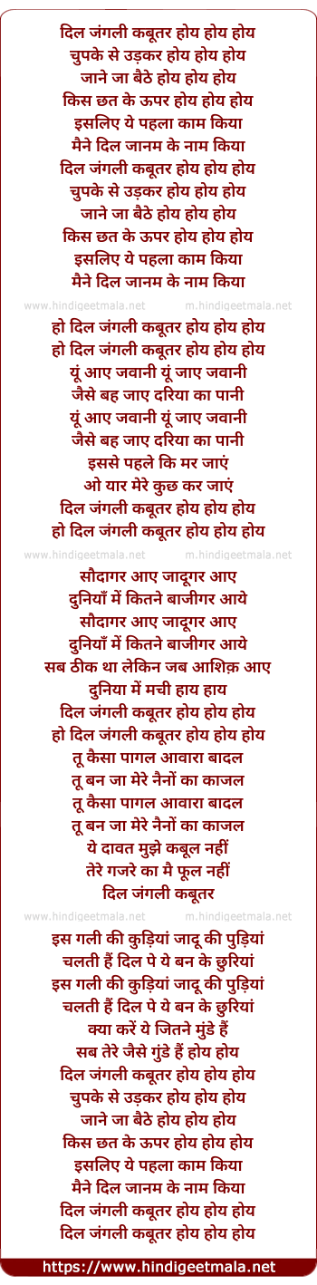 lyrics of song Dil Jungli Kabootar
