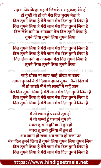 lyrics of song Dil Tumne Liya Hai Meri Jaan Mera Dil Tumne Liya