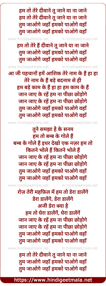 lyrics of song Tu Jane Yaa Na Jane Tum Jaoge Jahan