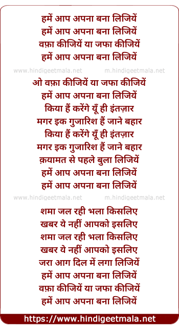 lyrics of song Hume Aap Apna Bana Lijiye