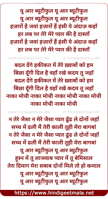 lyrics of song You Are Beautiful, Hazaro Hai Jawan Hazaro Hai Hasin