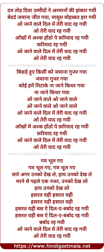 lyrics of song O Jaane Wale Dil Mein Teri Yaad Rah Gayi