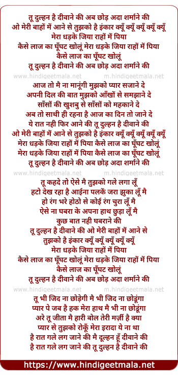 lyrics of song Tu Dulhan Hai Deewane Ki, Ab Chhod Ada Sharmane Ki