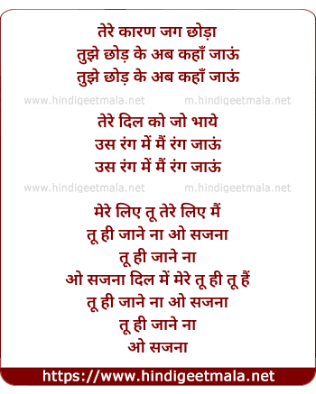lyrics of song Tere Karan Jag Chhoda Tujhe Chhod Ke Ab Kaha Jaau