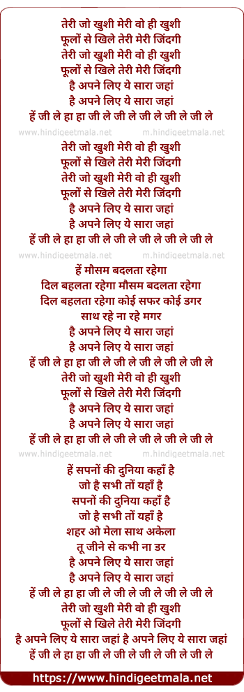lyrics of song Teri Jo Khushi Meri Wo Hi Khushi