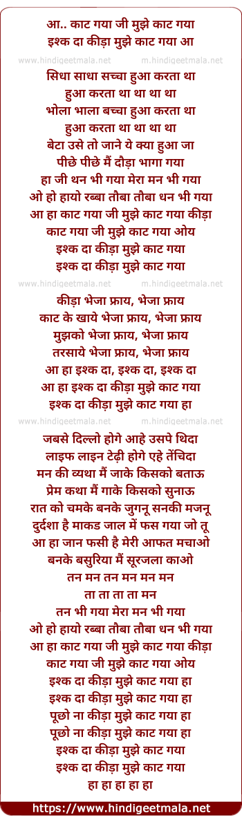 lyrics of song Ishq Da Keeda Mujhe Kaat Gaya