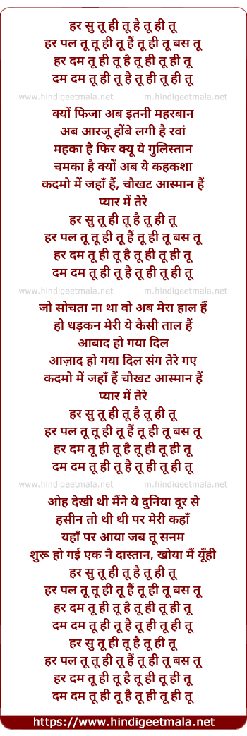 lyrics of song Har Suu Tu Hi Tu, Har Pal Tu Hi Tu (Unplugged)