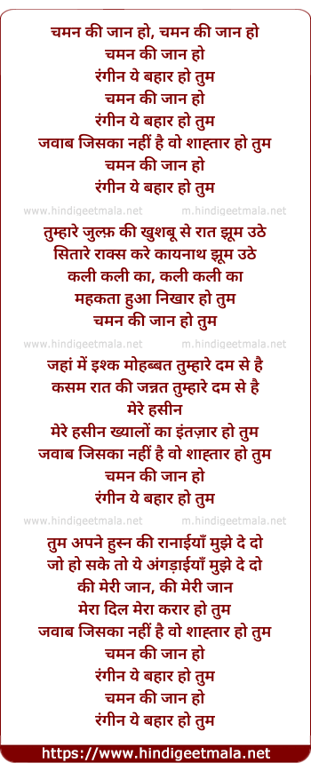 lyrics of song Chaman Ki Jaan Ho, Rangin Ye Bahaar Ho Tum