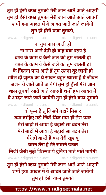 lyrics of song Tum Ho Haseen Wafa Tumko Meri Jaan Aate Aate Aaygi