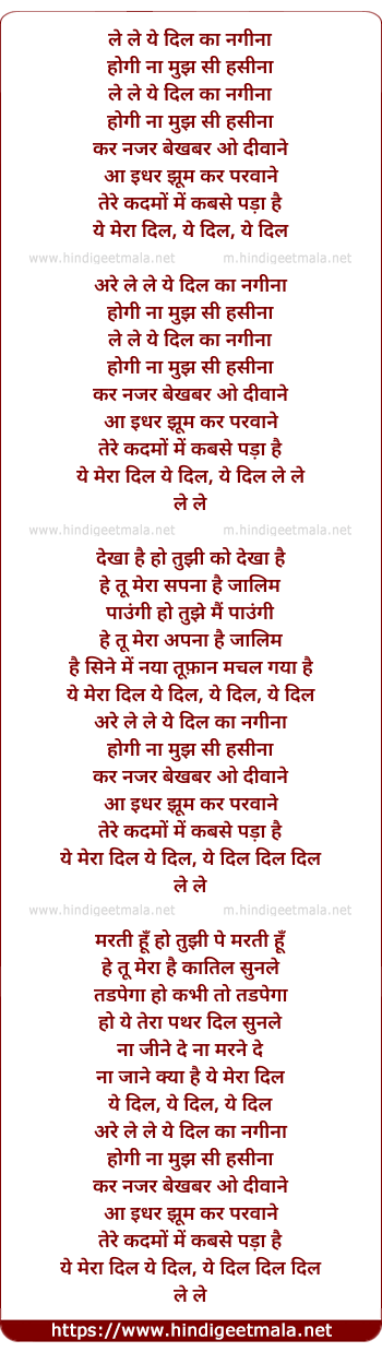 lyrics of song Le Le Ye Dil Ka Nagina