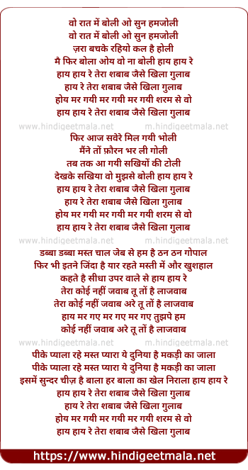lyrics of song Wo Raat Me Boli O Sun Hamjholi